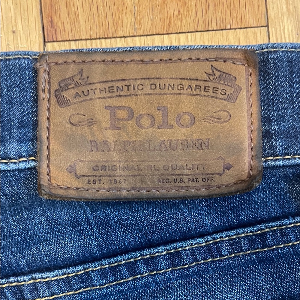 Polo by Ralph Lauren Straight Leg Dark Blue Denim Jeans with Brown Leather Patch